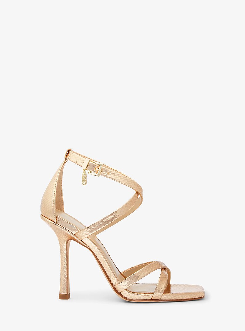 Celia Metallic Snake Embossed Leather Sandal in PALE GOLD | Michael Kors