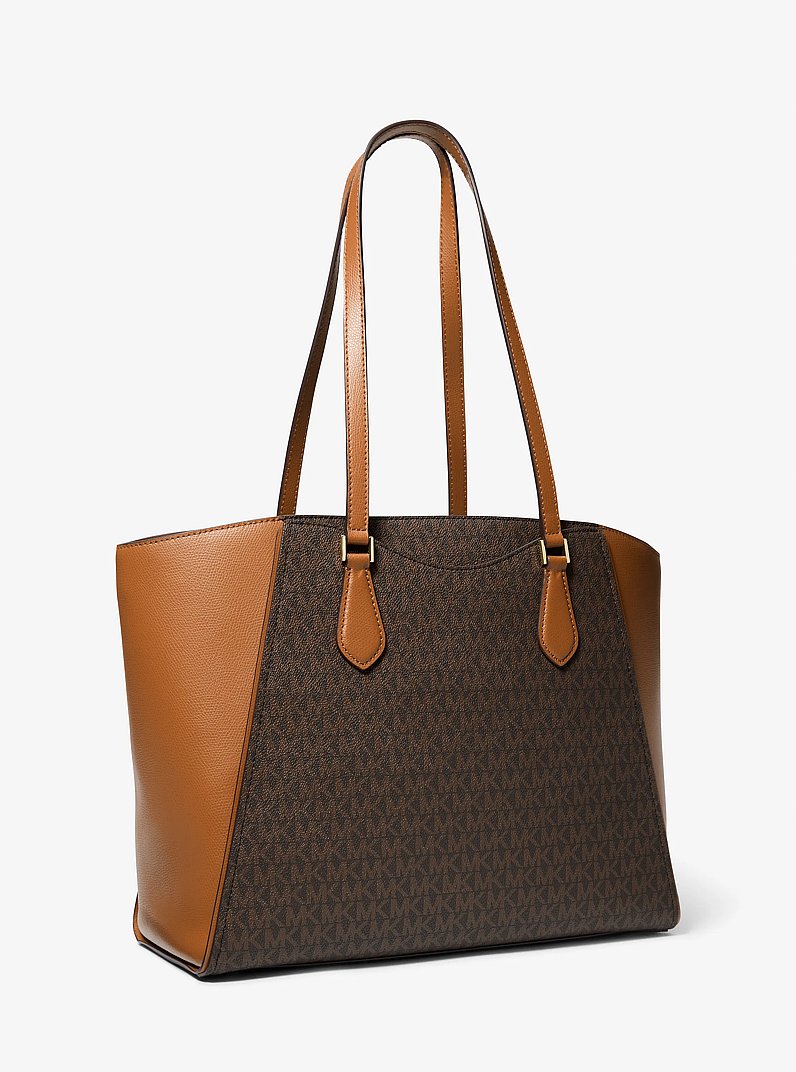 Taryn Large Signature Logo and Leather Tote Bag in BRN/ACORN | Michael Kors