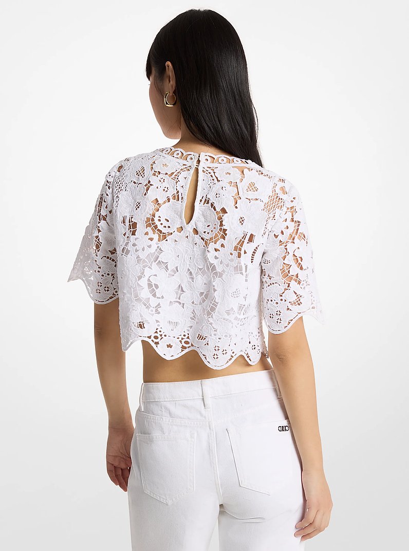 Floral Lace Cotton Cropped Shirt in WHITE | Michael Kors