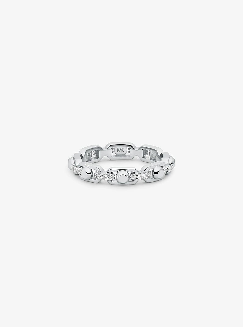 Anello Astor piccolo con maglie a catena in argento sterling con placcatura in metallo prezioso e pav&egrave; in ARGENTO | Michael Kors