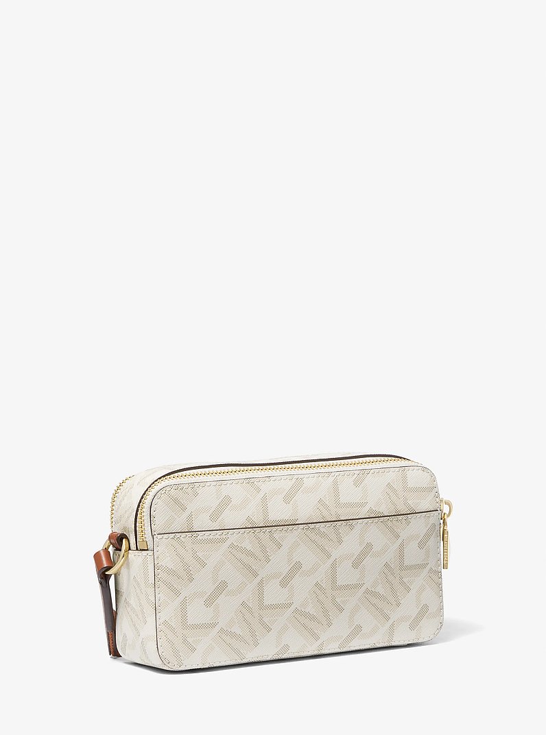 Jet Set Small Empire Signature Logo Stripe Double-Zip Camera Bag in VANILLA/LUGGAGE | Michael Kors