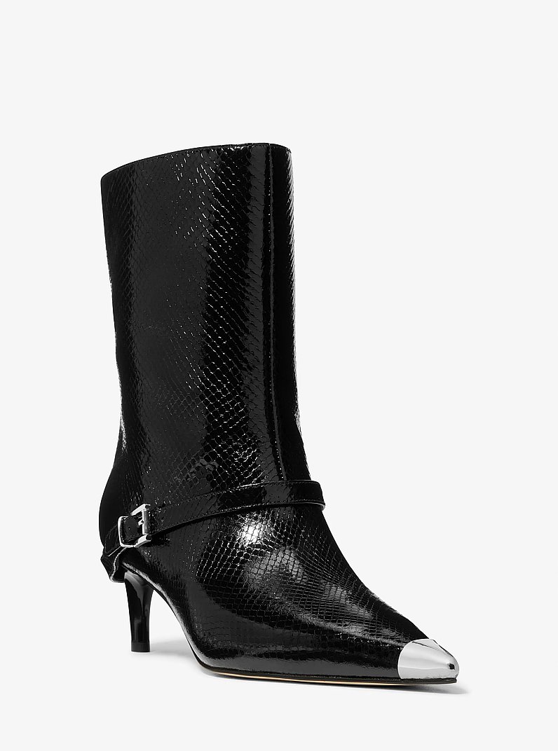 Kasia Snake Embossed Leather Buckle Boot in BLACK | Michael Kors