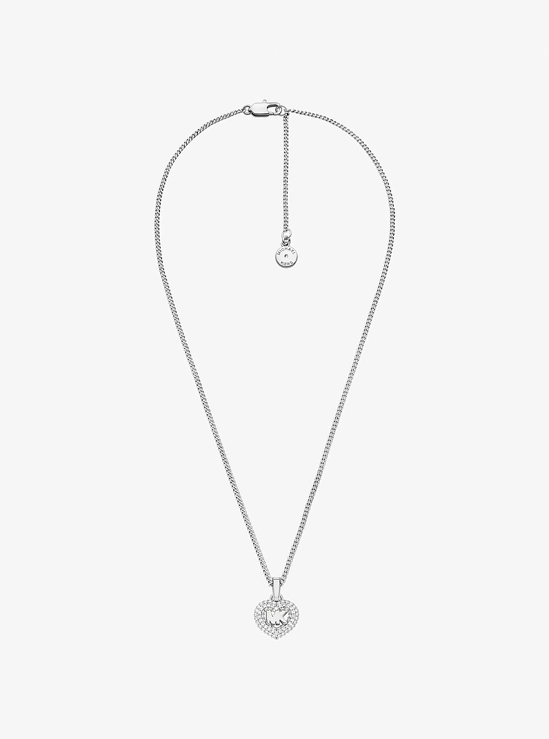 Pav&eacute; Heart and Logo Necklace and Hoop Earrings Jewelry Gift Set in PLATEADO | Michael Kors