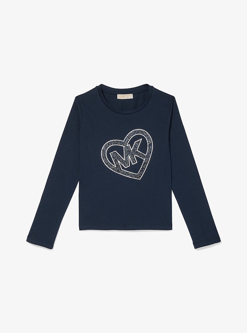 Studded Logo Heart Long-Sleeve T-Shirt in NAVY | Michael Kors