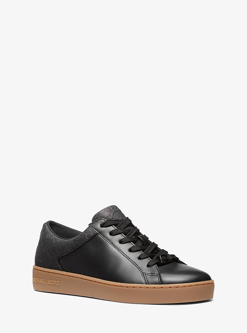 Keaton Leather and Glitter Logo Embossed Sneaker in BLACK | Michael Kors