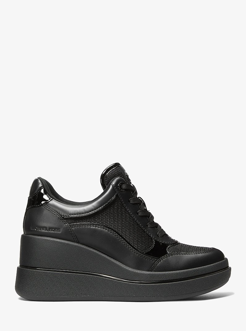 Emmy Leather and Mesh Wedge Trainer in BLACK | Michael Kors
