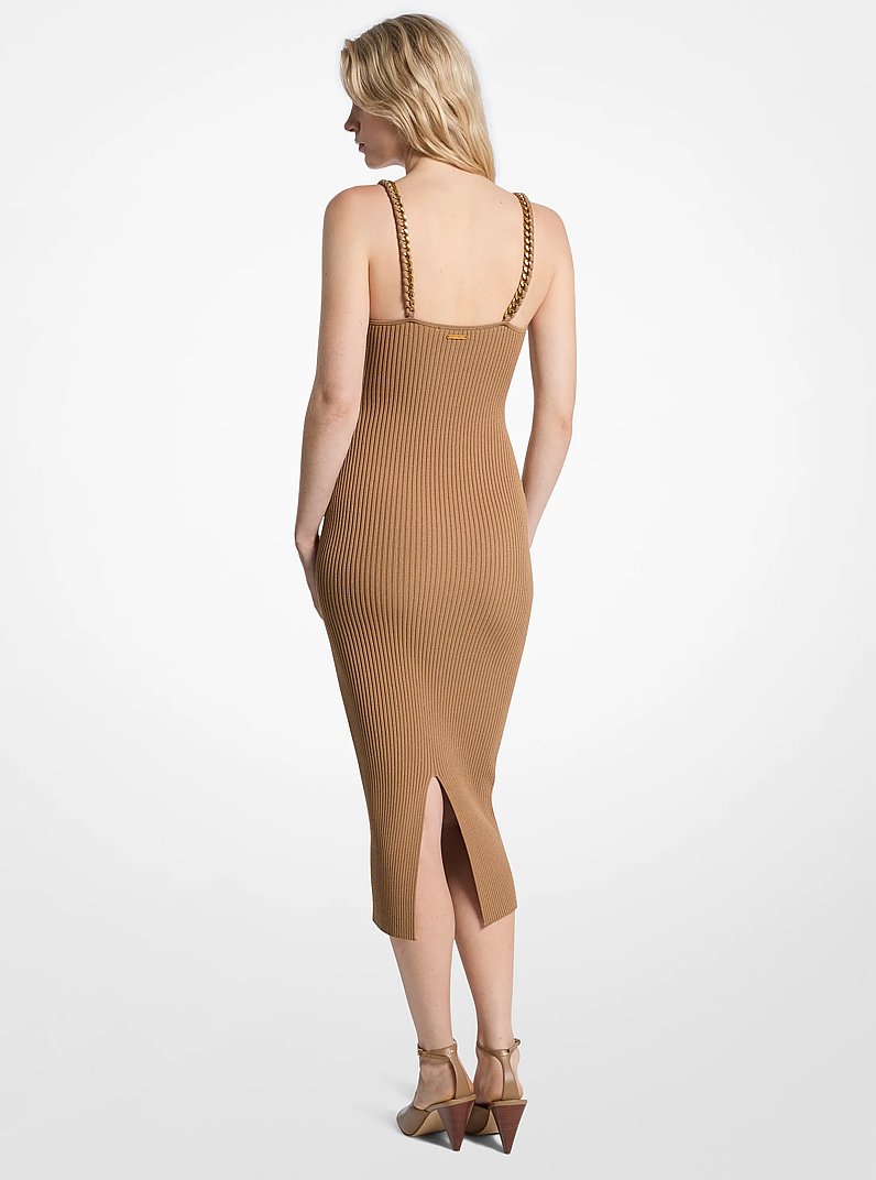 Chain Ribbed Stretch Knit Midi Dress in DARK CAMEL | Michael Kors