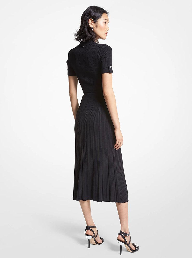 Ribbed Stretch Knit Polo Dress in BLACK | Michael Kors