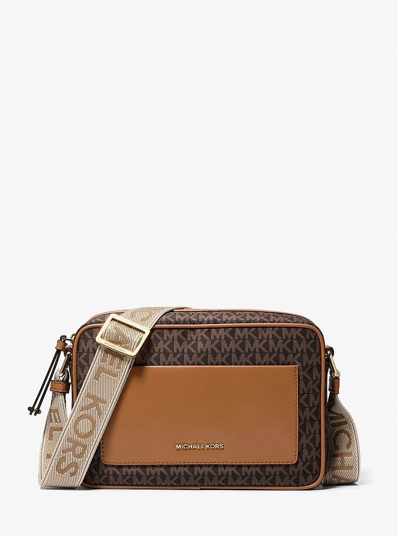 Jet Set Large Signature Logo Print Woven Crossbody Bag in BRN/ACORN | Michael Kors