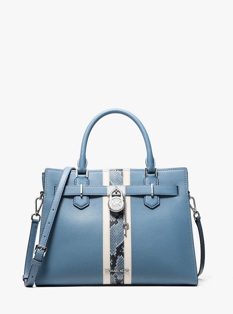 Hamilton Medium Leather and Snake Embossed Stripe Satchel in CORNFLOWER | Michael Kors