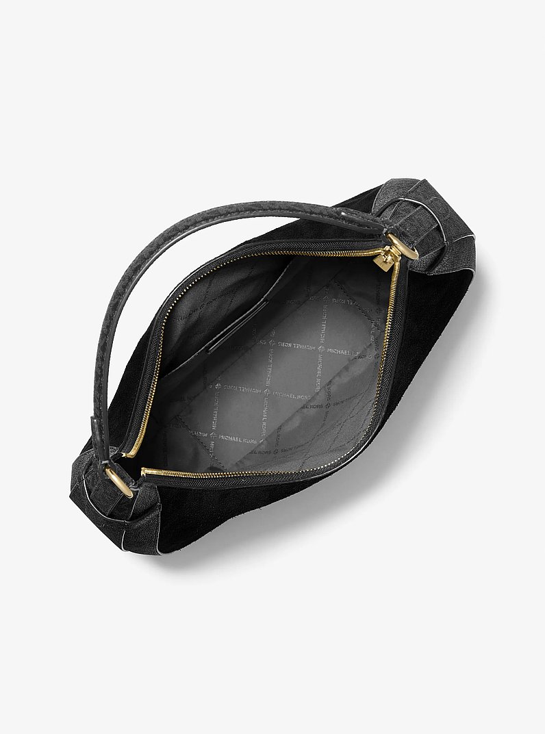 Preston Large Suede and Signature Logo Crescent Shoulder Bag in BLACK | Michael Kors