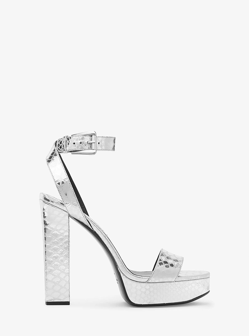 Anabelle Metallic Python Embossed Leather Platform Sandal in SILVER | Michael Kors