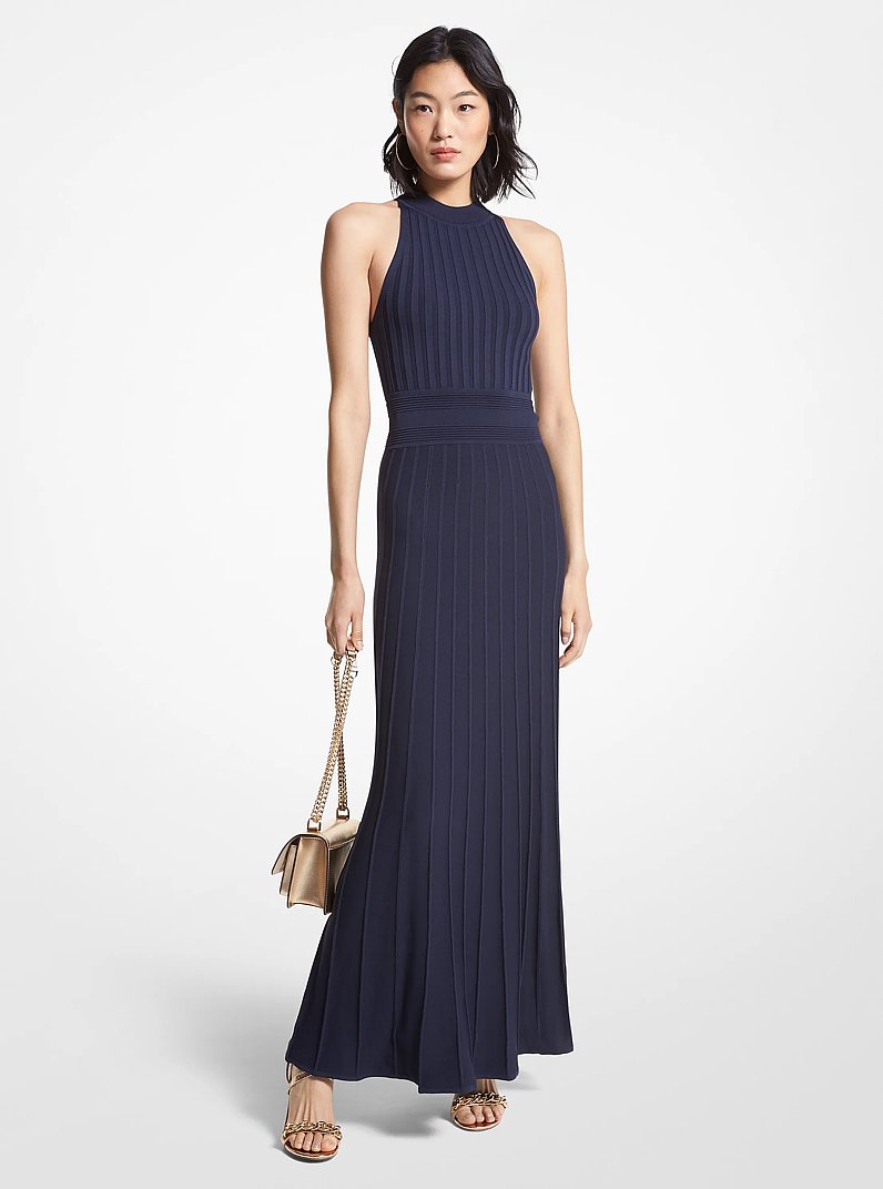 Ribbed Stretch Knit Halter Dress in MIDNIGHTBLUE | Michael Kors
