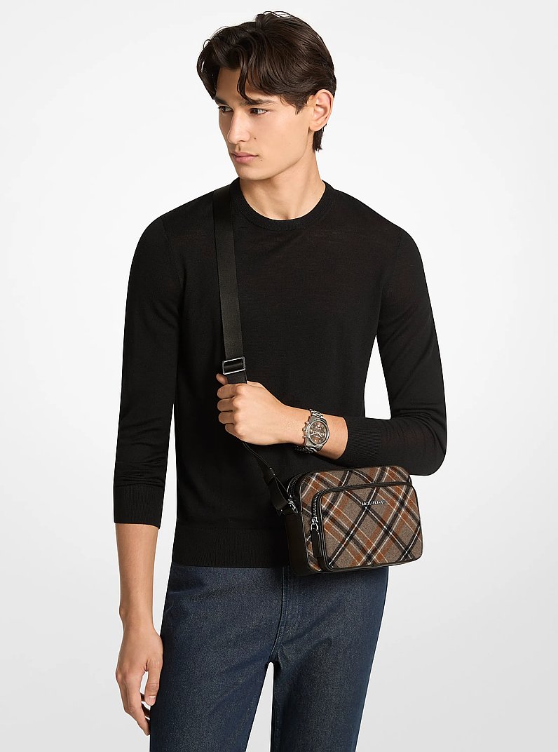 Cooper Plaid Wool Blend Flight Bag in MUSHROOM | Michael Kors