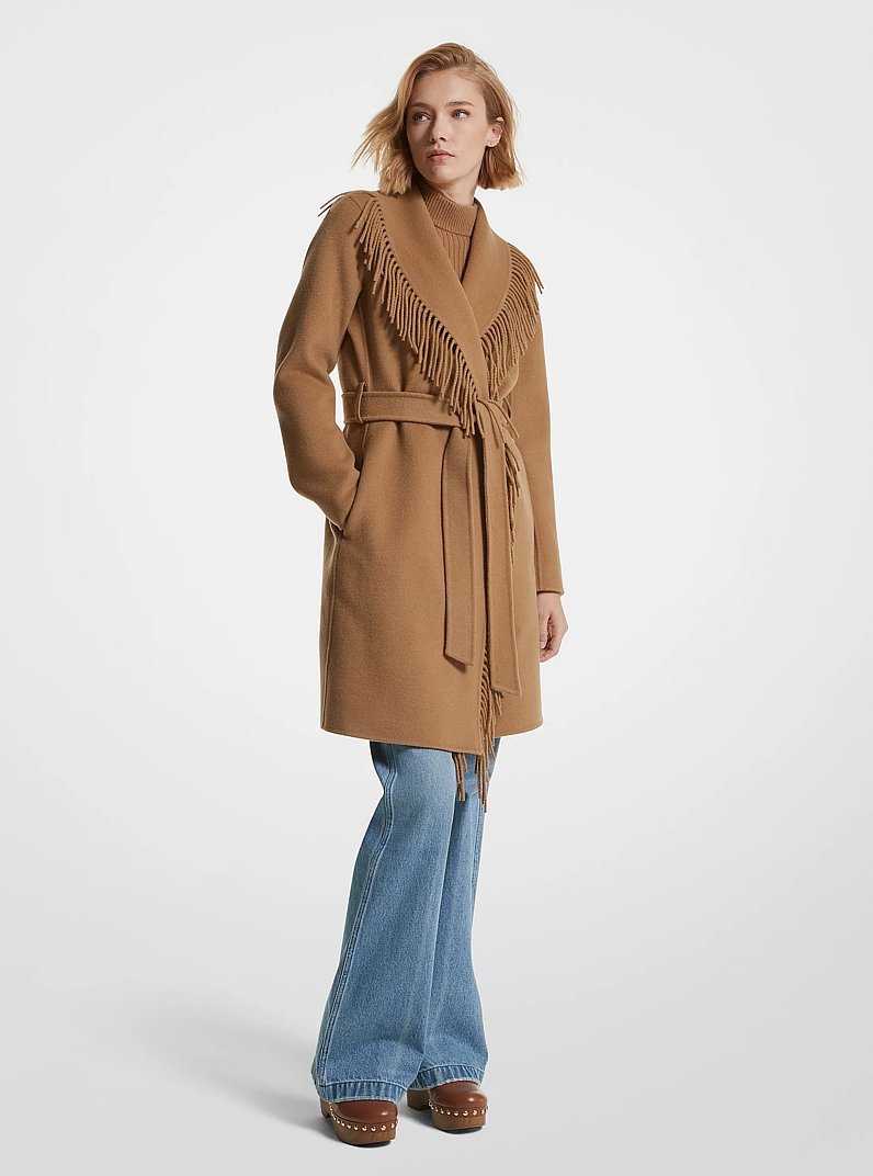 Fringe Wool Blend Belted Coat in DARK CAMEL | Michael Kors