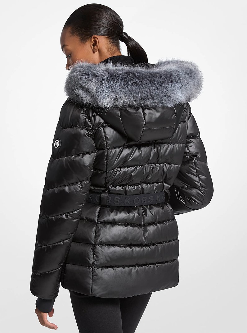 Faux Fur Trim Belted Puffer Jacket in BLACK | Michael Kors