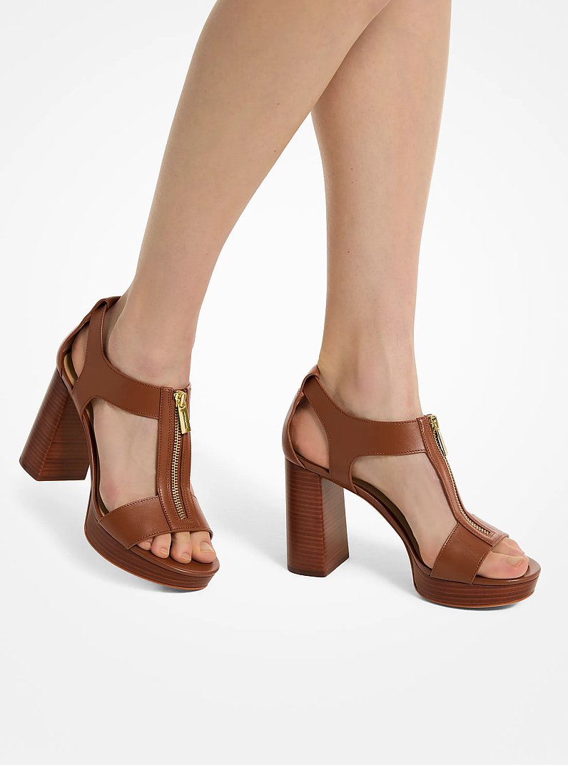 Berkley Leather Block-Heel Sandal in LUGGAGE | Michael Kors