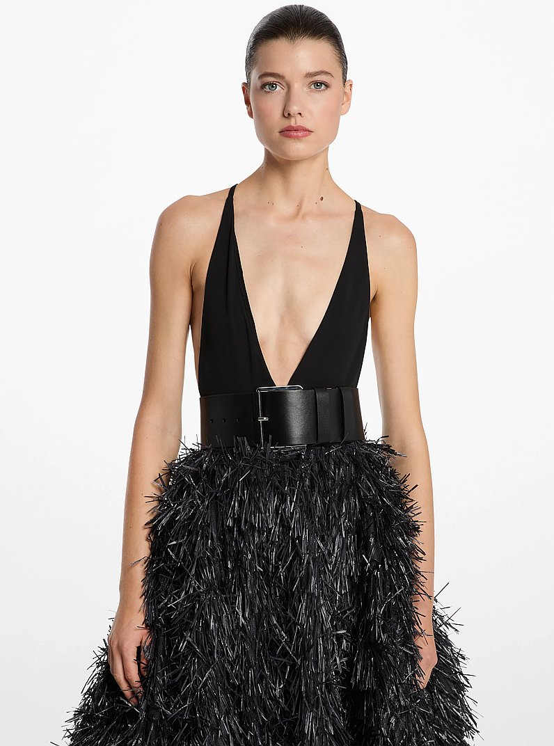 Stretch Matte Jersey Plunge-Neck Bodysuit in BLACK | Michael Kors