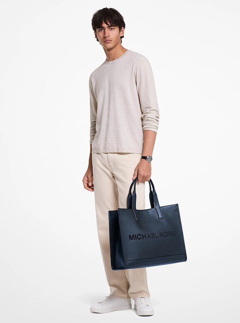 Cooper Logo Embossed Pebbled Leather Tote Bag in NAVY | Michael Kors