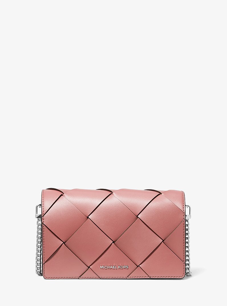 Jet Set Medium Woven Leather Crossbody Bag in ROSE - Sale