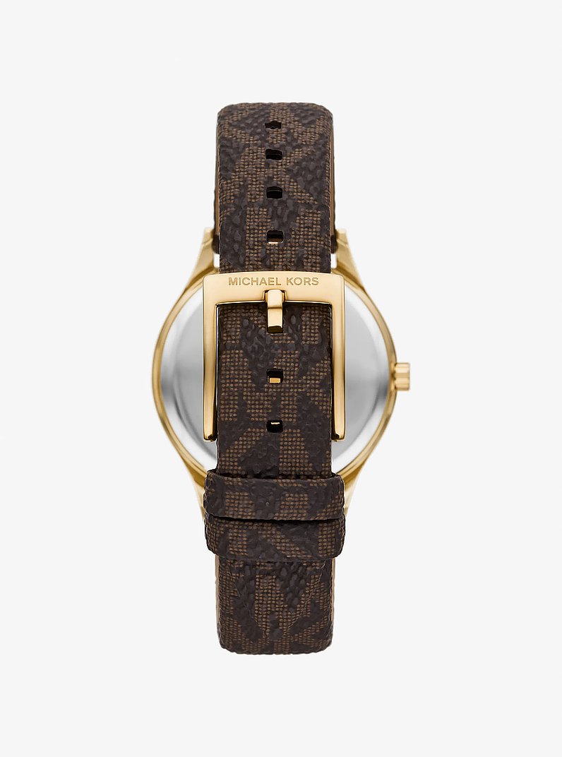 Mini Aspyn Gold-Tone and Signature Logo Watch in BROWN | Michael Kors