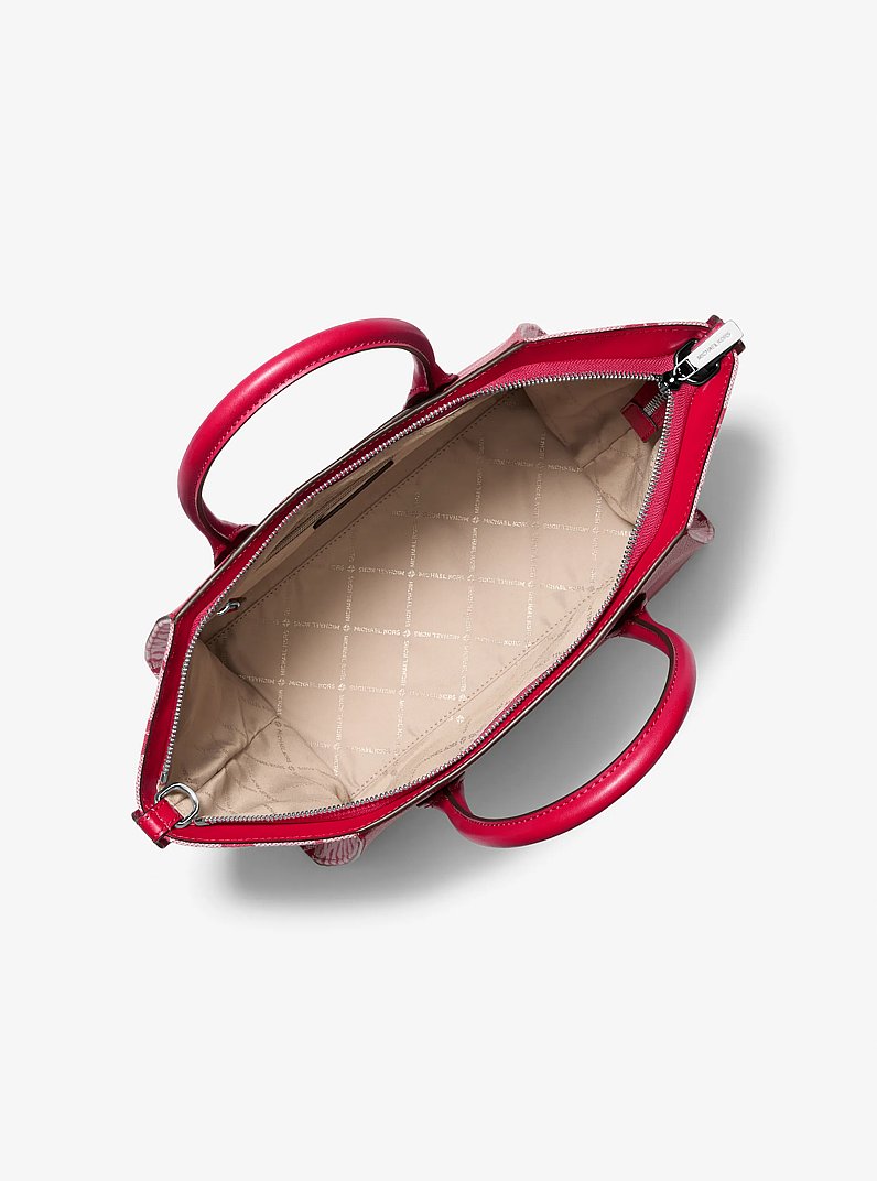 Avril Large Leather and Logo Jacquard Satchel in DK RASPBERRY