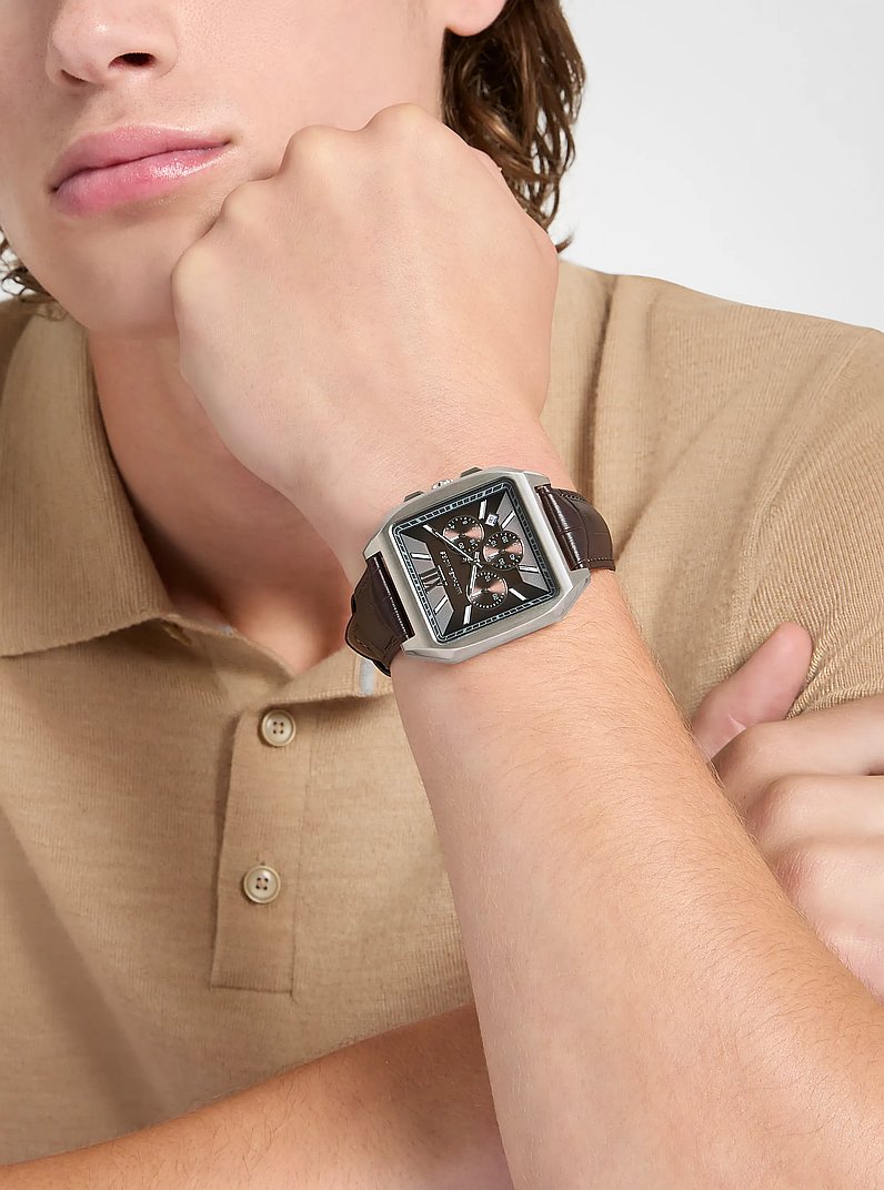XXL-Armbanduhr Hayes im Silberton mit Lederarmband mit Krokodilpr&auml;gung in SCHOKOLADE | Michael Kors