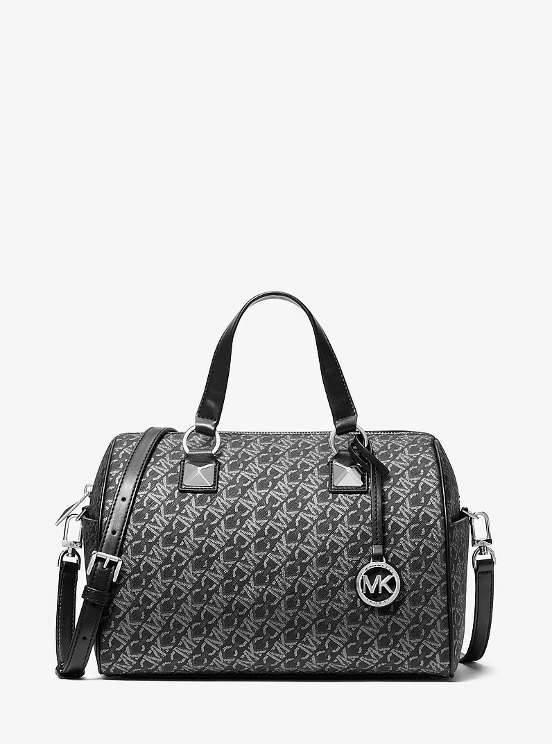 Grayson Medium Metallic Empire Monogram Satchel in BLACK/SILVER | Michael Kors