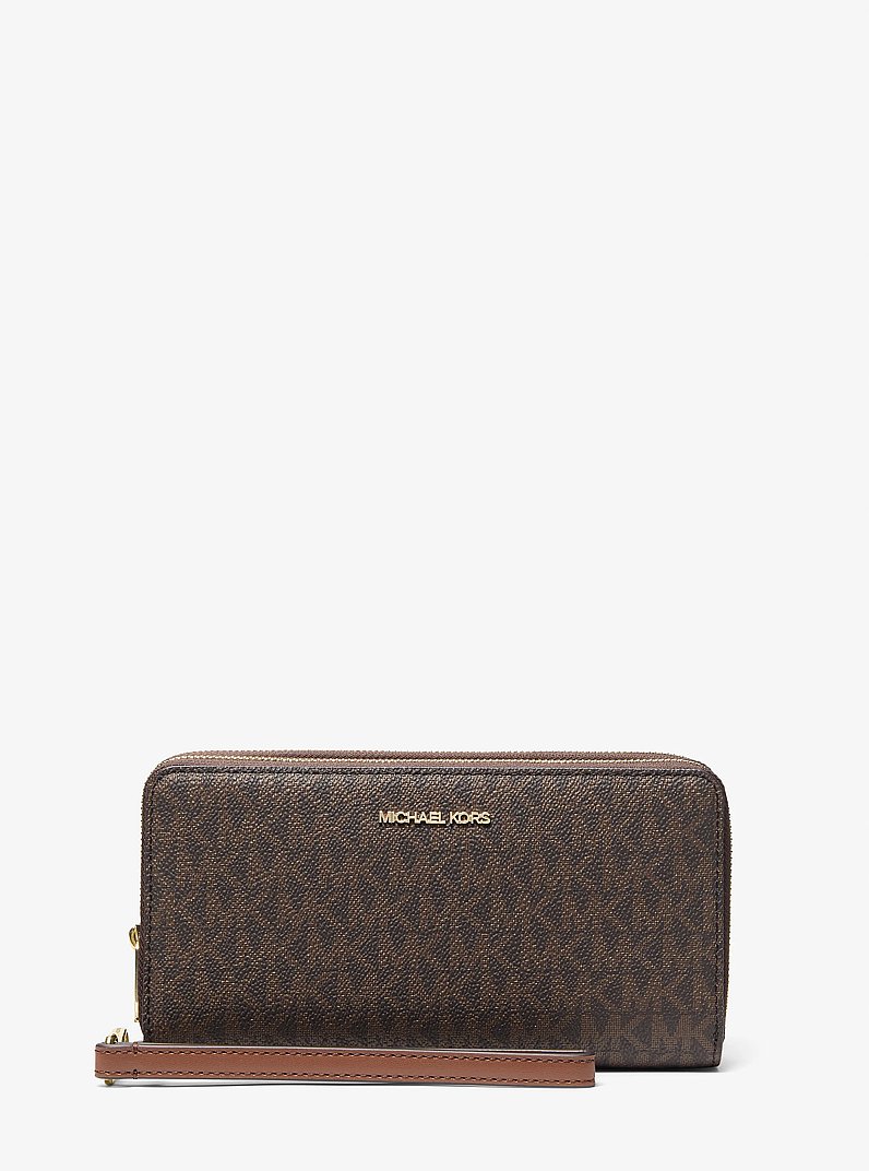 Jet Set Travel Large Signature Logo Wristlet in BROWN | Michael Kors