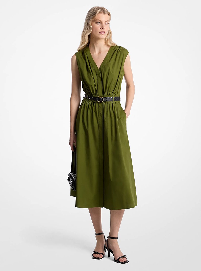 Stretch Cotton Poplin Belted Midi Dress in EVERGREEN | Michael Kors