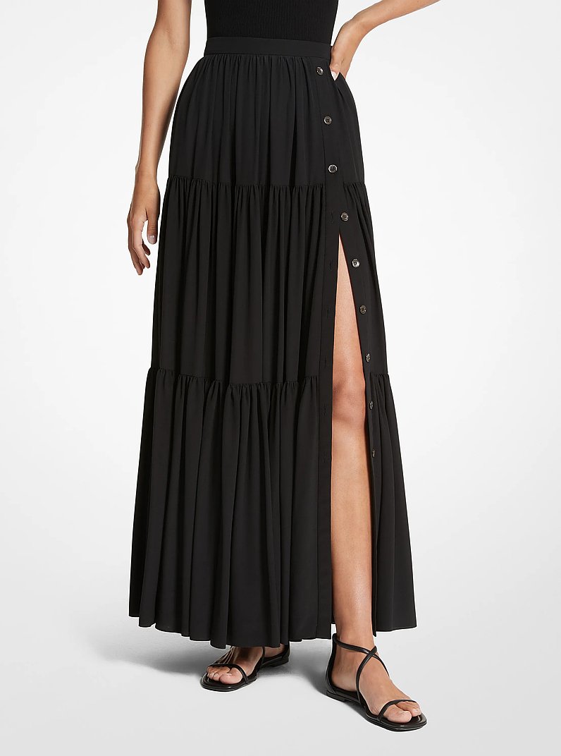 Organic Silk Crepe De Chine Tiered Skirt in NEGRO | Michael Kors