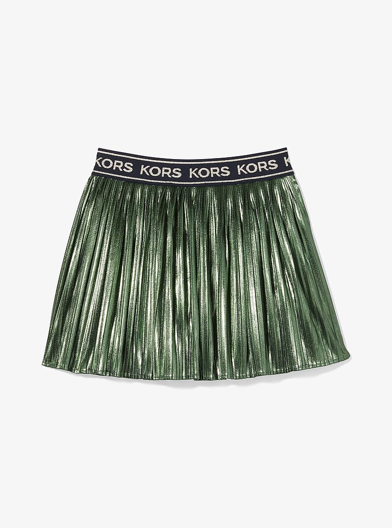 Logo Tape Metallic Pleated Skirt in OLIVE | Michael Kors