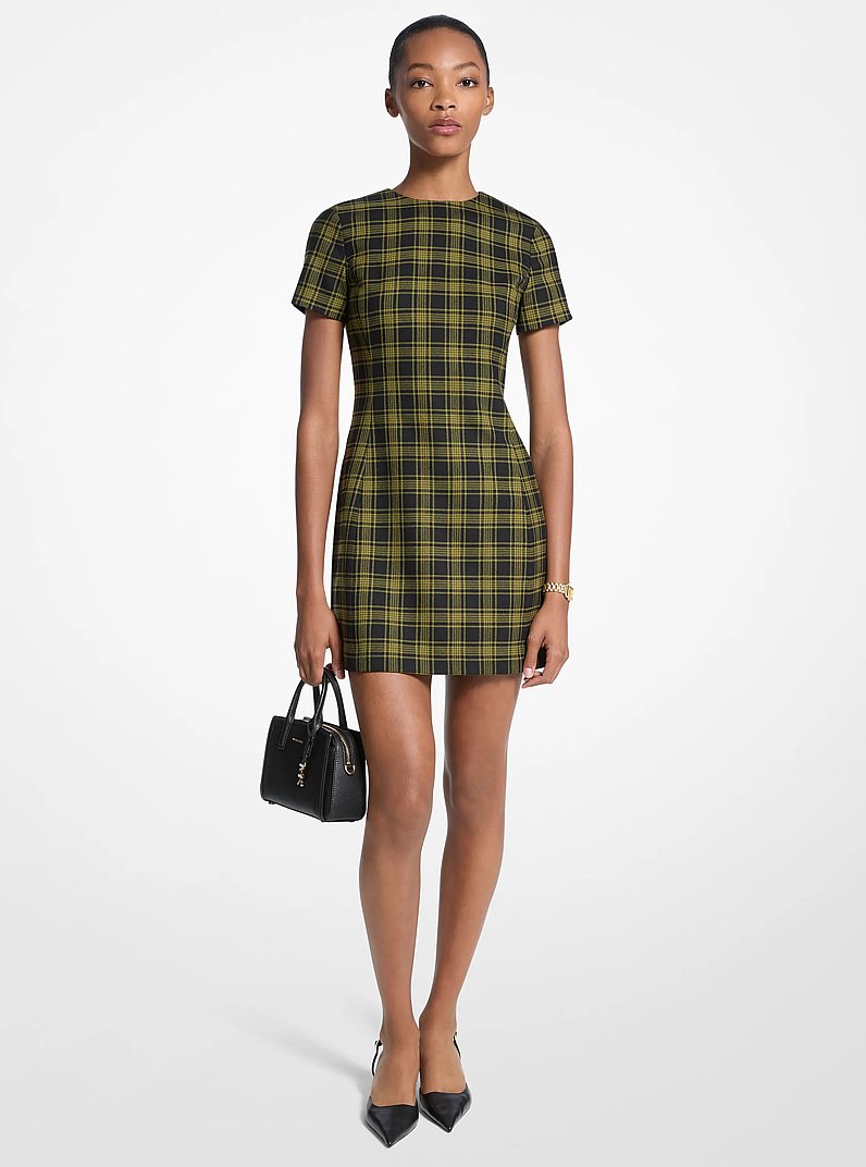 Plaid Print Stretch Wool Dress in PISTACHIO | Michael Kors