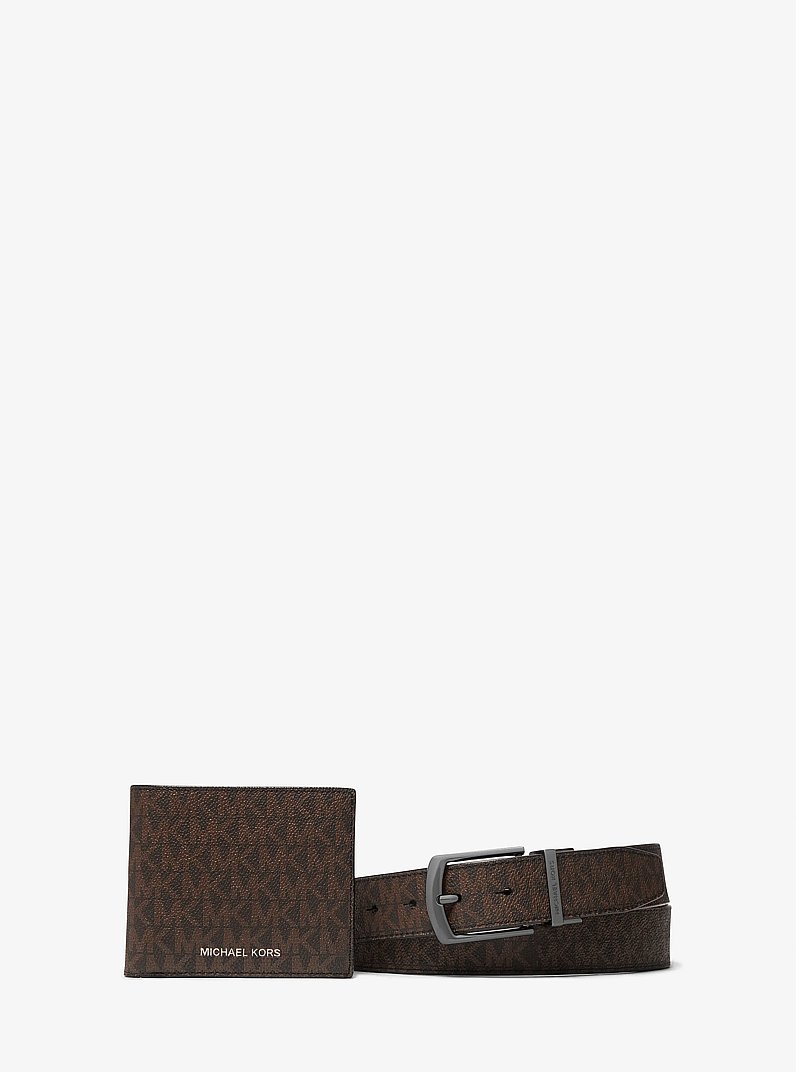 Signature Logo Billfold Wallet and Belt Gift Set in BROWN/BLACK | Michael Kors