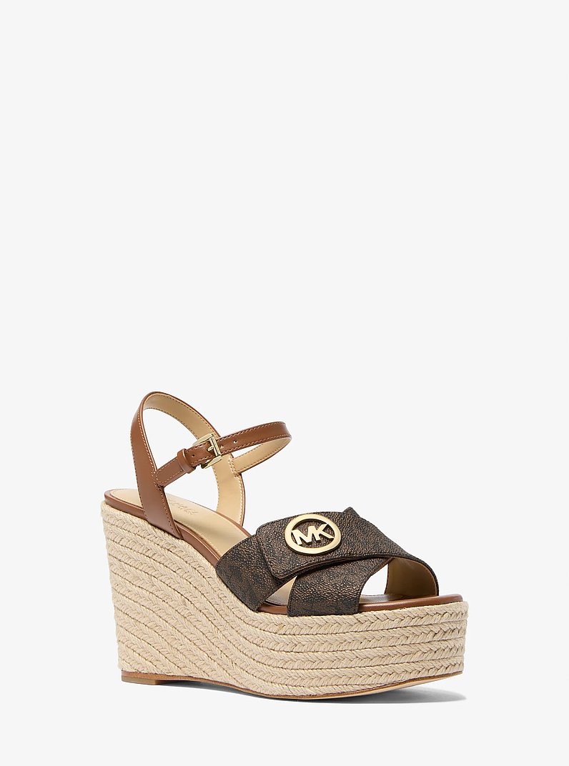Hannah Signature Logo Wedge Sandal in BROWN - Sale | Michael Kors