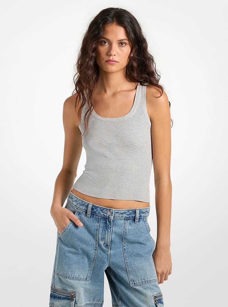 Ribbed Viscose Blend Cropped Tank Top in PEARL GREY | Michael Kors