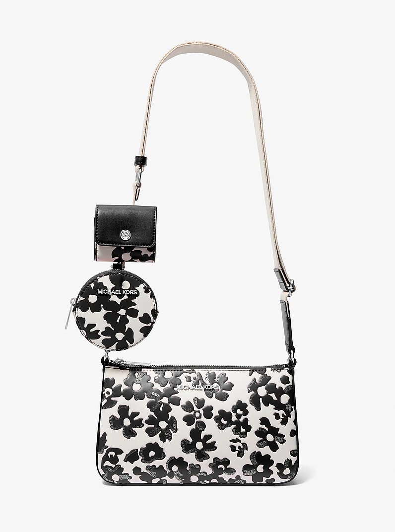 Jet Set Small Sequined Floral Print Crossbody Bag with Case for Apple Airpods Pro&reg; in BLACK | Michael Kors