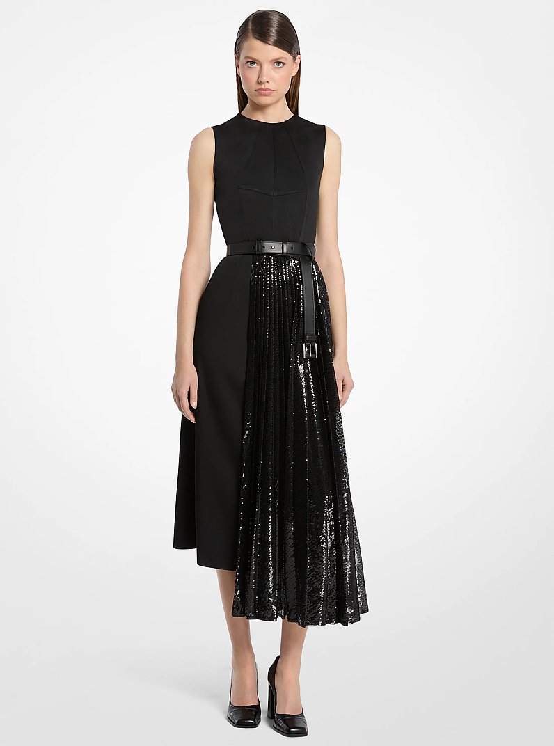 Vestido recto de sat&eacute;n y tul con lentejuelas bordadas a mano in NEGRO | Michael Kors