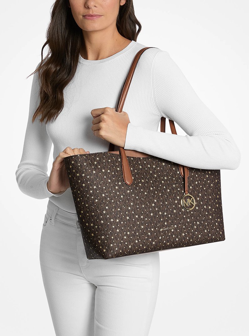 Arden Large Printed Signature Logo Top-Zip Tote Bag in BROWN | Michael Kors