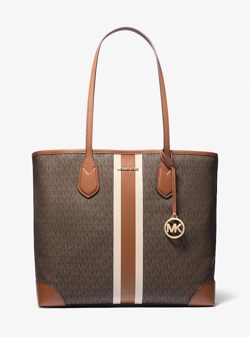 Eva Large Signature Logo Stripe Tote Bag in BROWN | Michael Kors