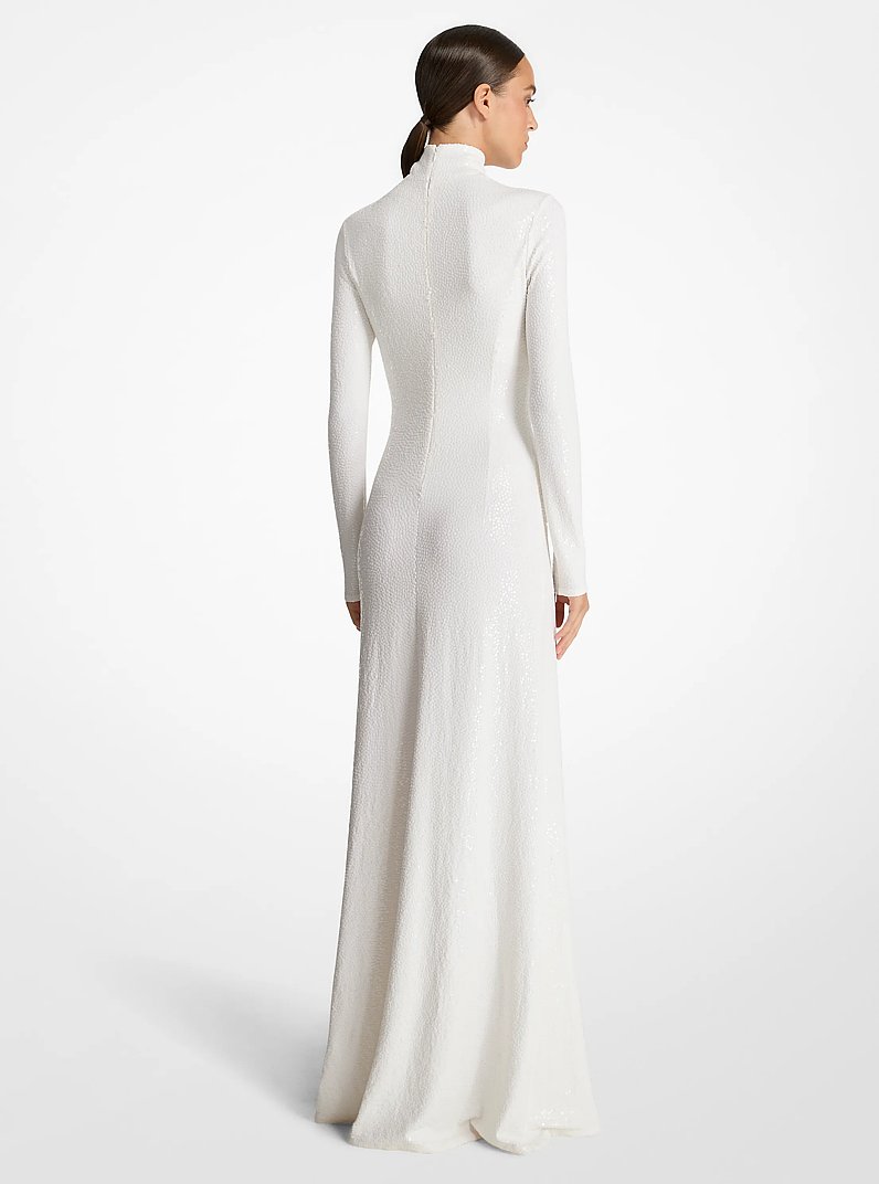Vestido largo con cuello alto en jersey mate elastizado y lentejuelas bordadas a mano in BLANCO INTENSO | Michael Kors