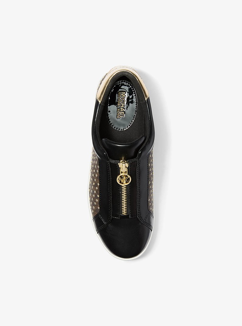 Keaton Embellished Signature Logo Zip-Up Trainer in BROWN | Michael Kors