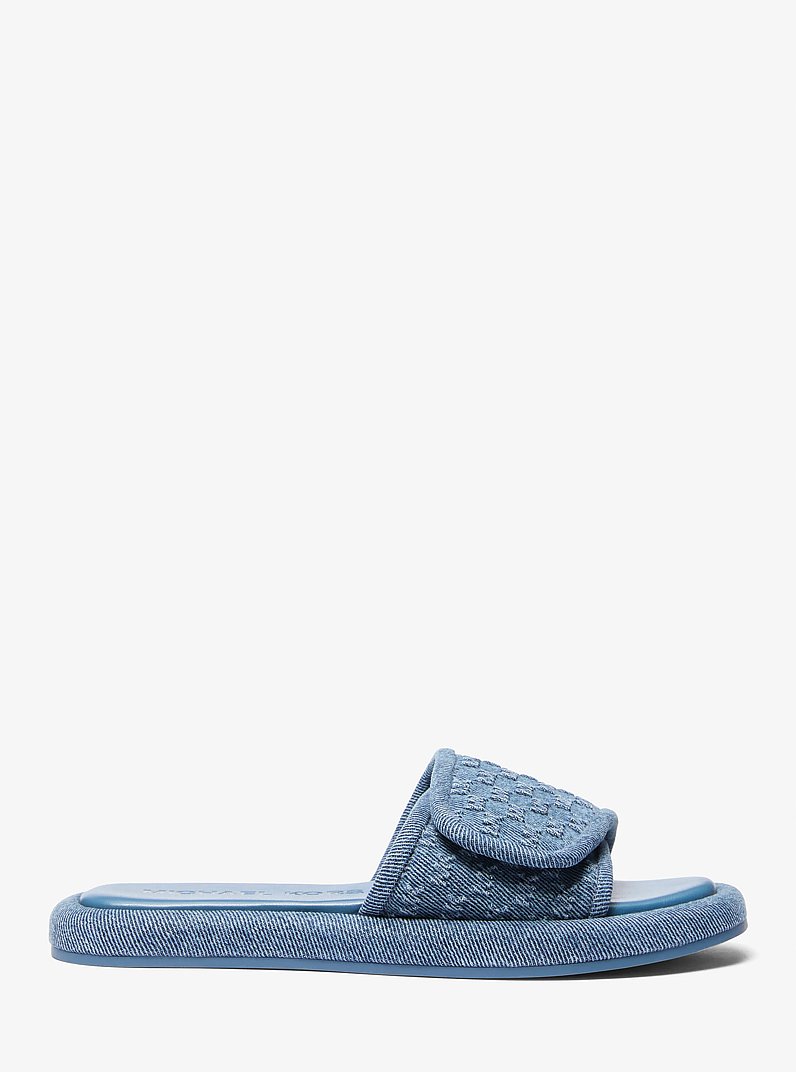 Suki Logo Embossed Denim Slide Sandal in UNION WASH | Michael Kors