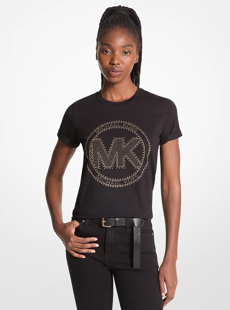 Studded Logo Charm Organic Cotton Jersey T-Shirt in BLACK | Michael Kors