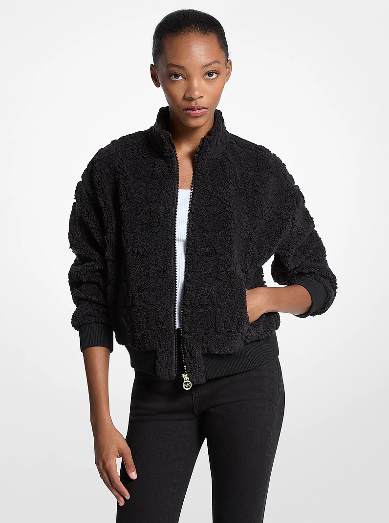 Logo Jacquard Sherpa Zip-Up Jacket in BLACK | Michael Kors