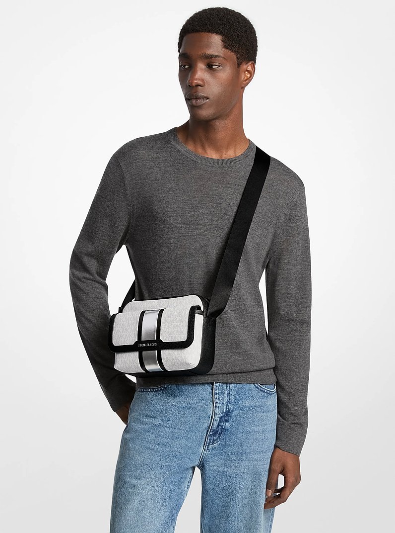 Cooper Medium Signature Logo Stripe Camera Crossbody Bag in SILVER | Michael Kors