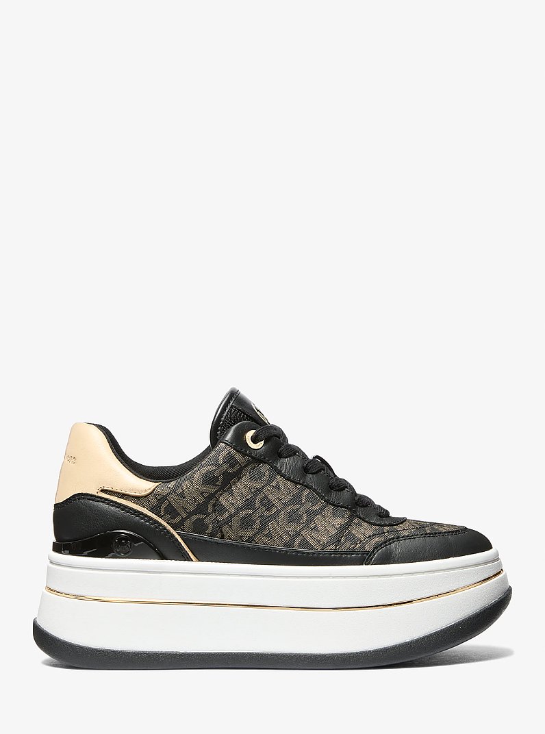 Hayes Metallic Empire Monogram and Leather Trainer in BLACK/PALE GOLD | Michael Kors