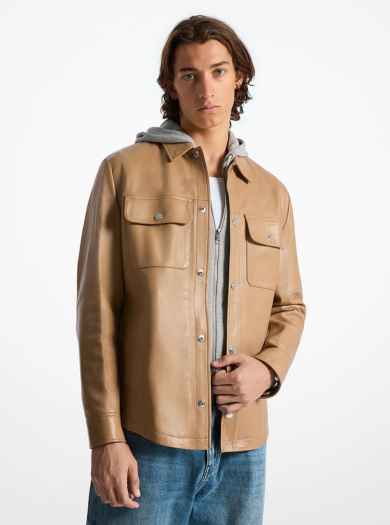 Bonded Leather Shirt Jacket in CAFE - Sale | Michael Kors [US]