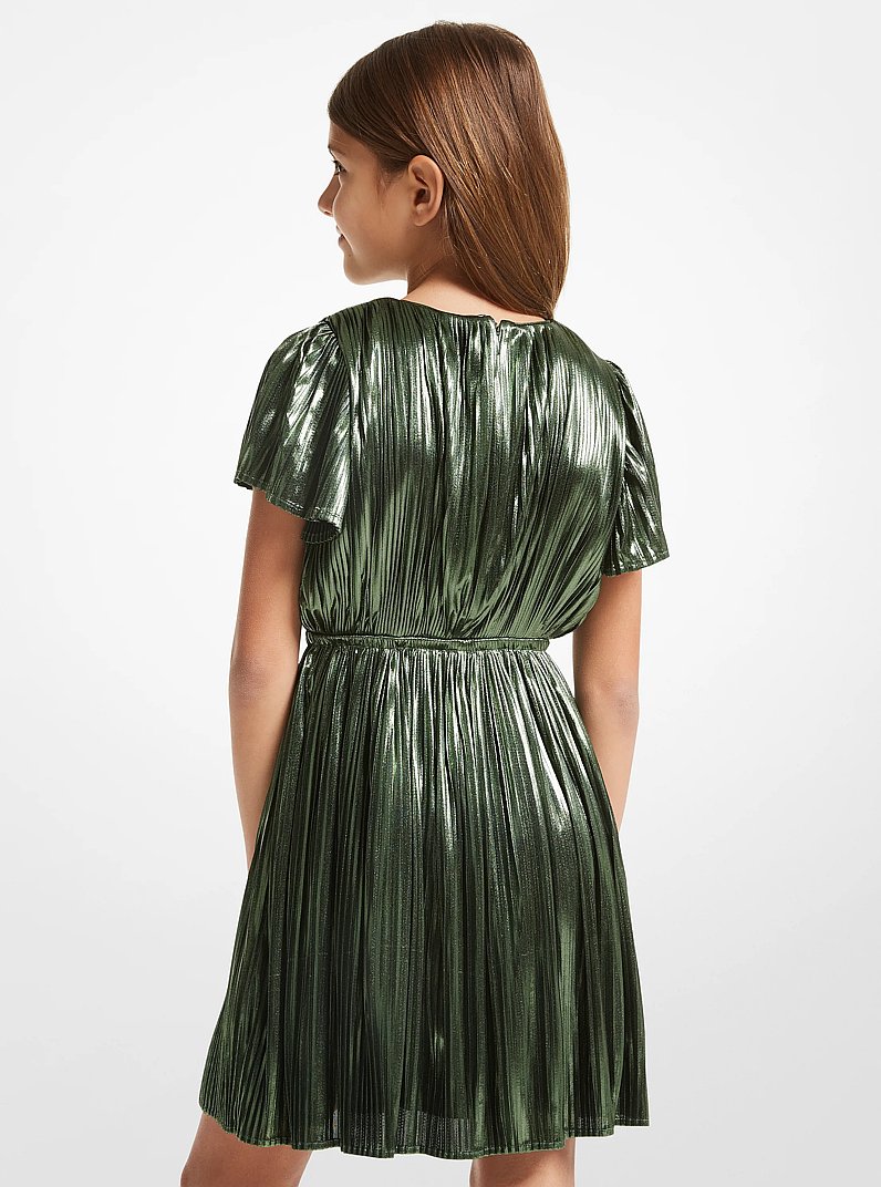 Pleated Lam&eacute; Belted Dress