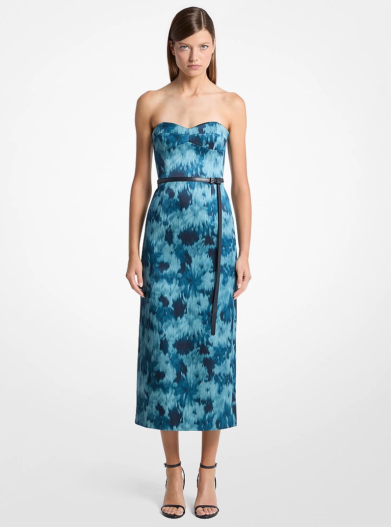 Vestido tubo strapless tipo cors&eacute; de sat&eacute;n duquesa con estampado floral chin&eacute; in VIDRIO DE MAR MULTICOLOR | Michael Kors
